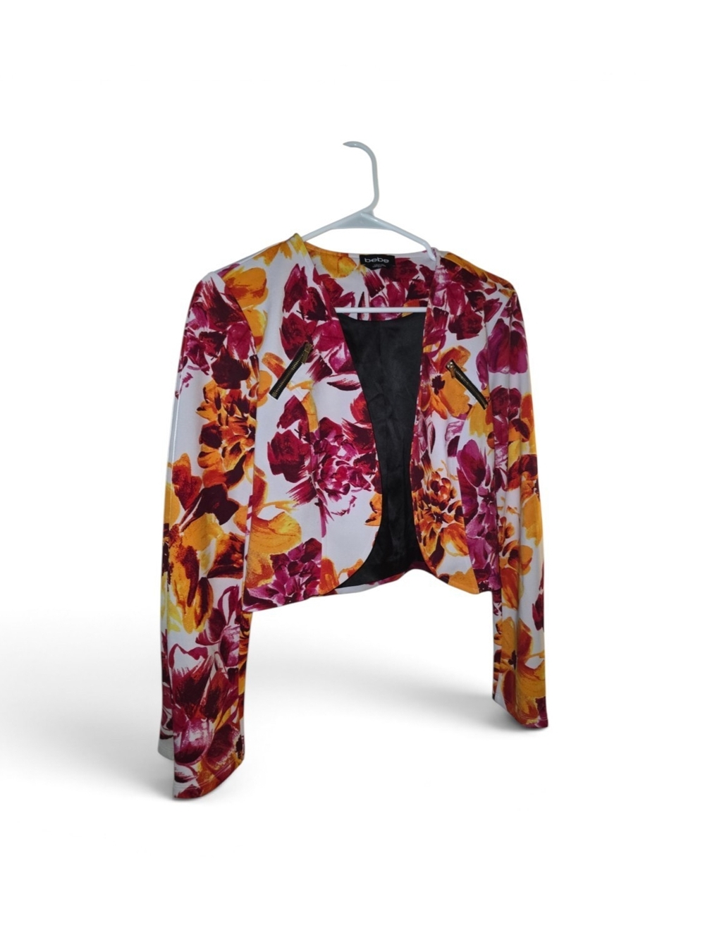 bebe White Cropped Blazer with Fuchsia & Mustard Floral Print
